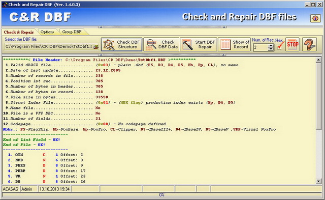Click to view Check and repair DBF 1.4.0.3 screenshot